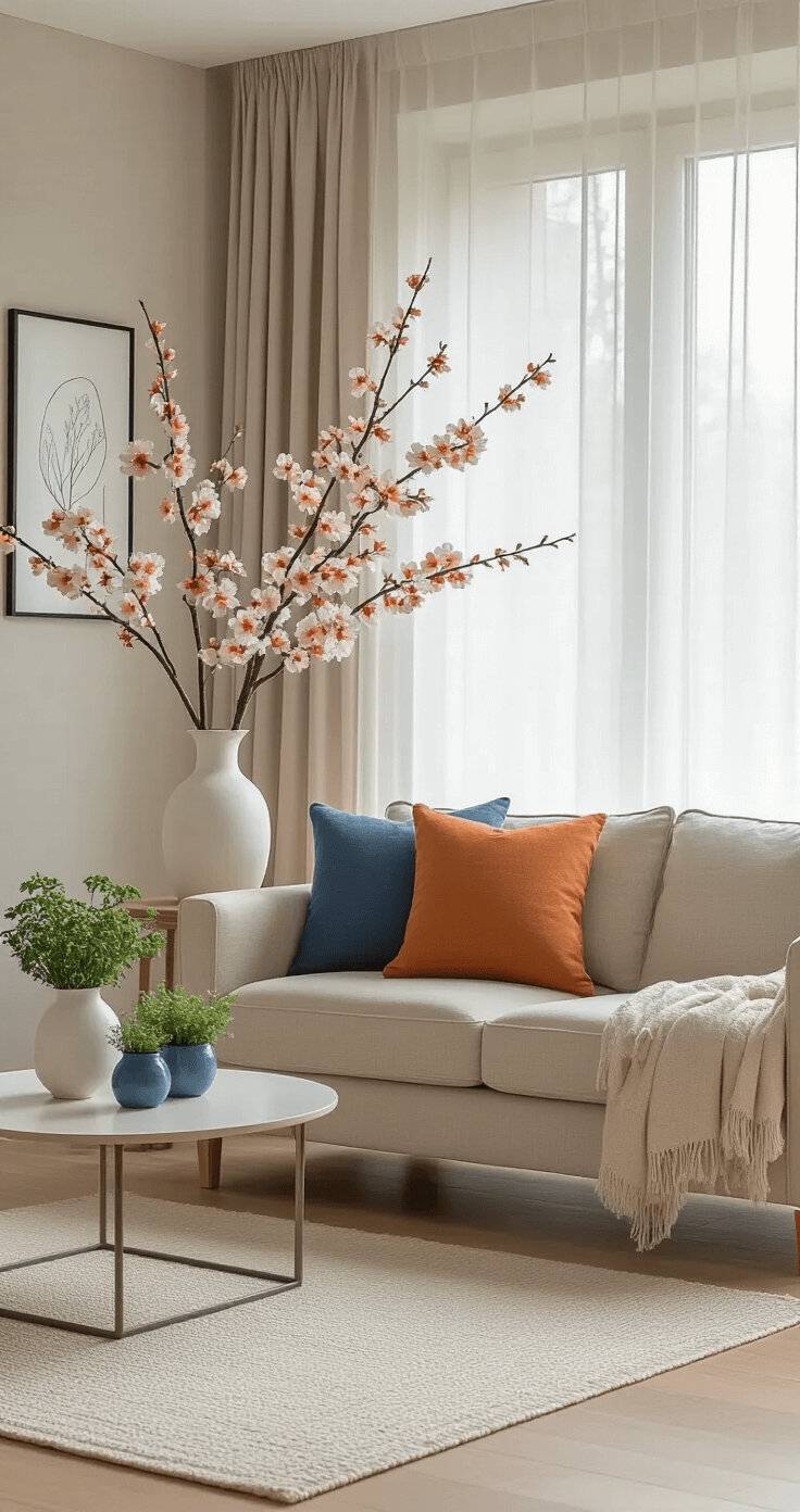 Modern living space featuring a neutral beige sofa with complementary orange and blue throw pillows, light oak floors, a large cherry blossom branch in a white vase, sheer linen curtains, minimalist line art print, blue and white ceramic planters with herbs, a natural fiber area rug, and unlacquered metal accents, all illuminated by soft morning light.