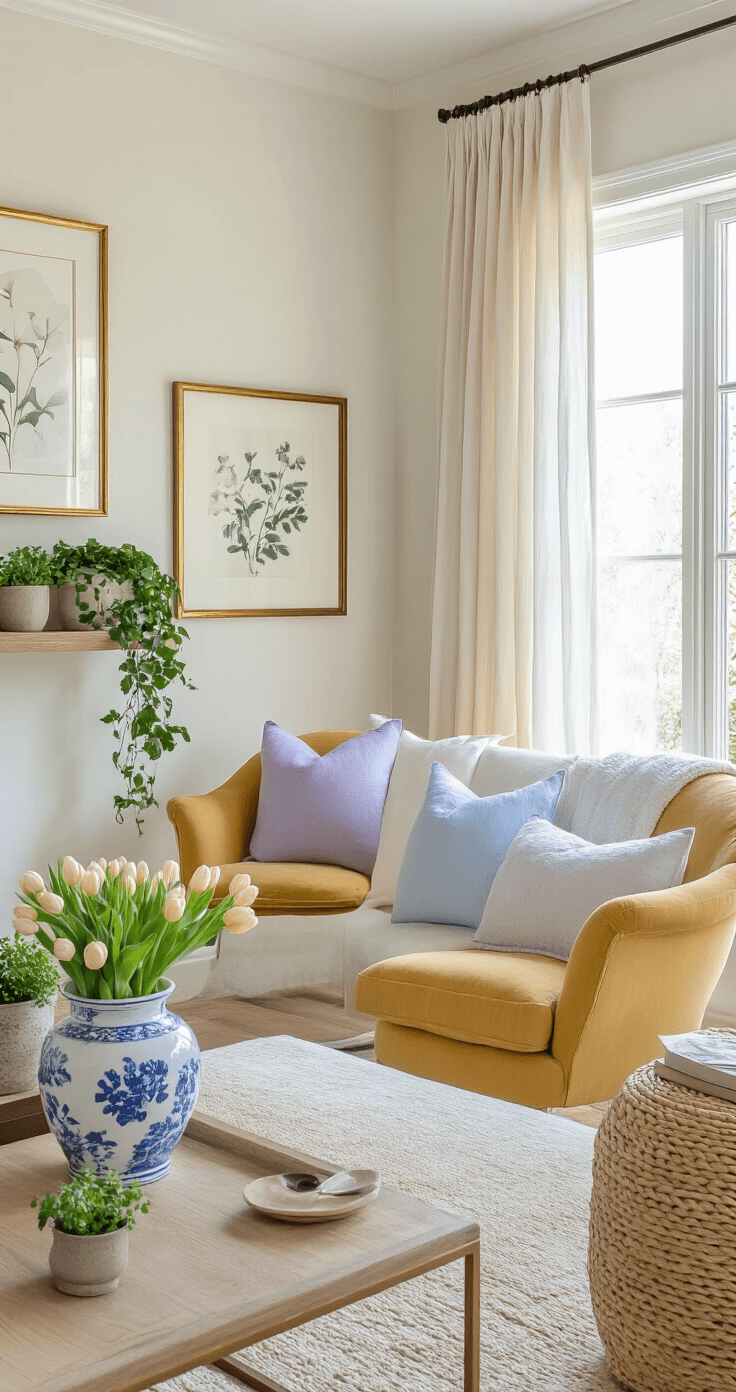 A tranquil living room featuring warm white walls, light filtering through sheer curtains, a marigold accent chair by a large window, a cream linen sofa adorned with lavender and baby blue pillows, a trailing pothos plant on a wooden shelf, a vintage ginger jar with faux tulips, small ceramic herb planters, an abstract botanical print in a brass frame, and a natural wood and brass side table, all bathed in soft, rejuvenating spring light.