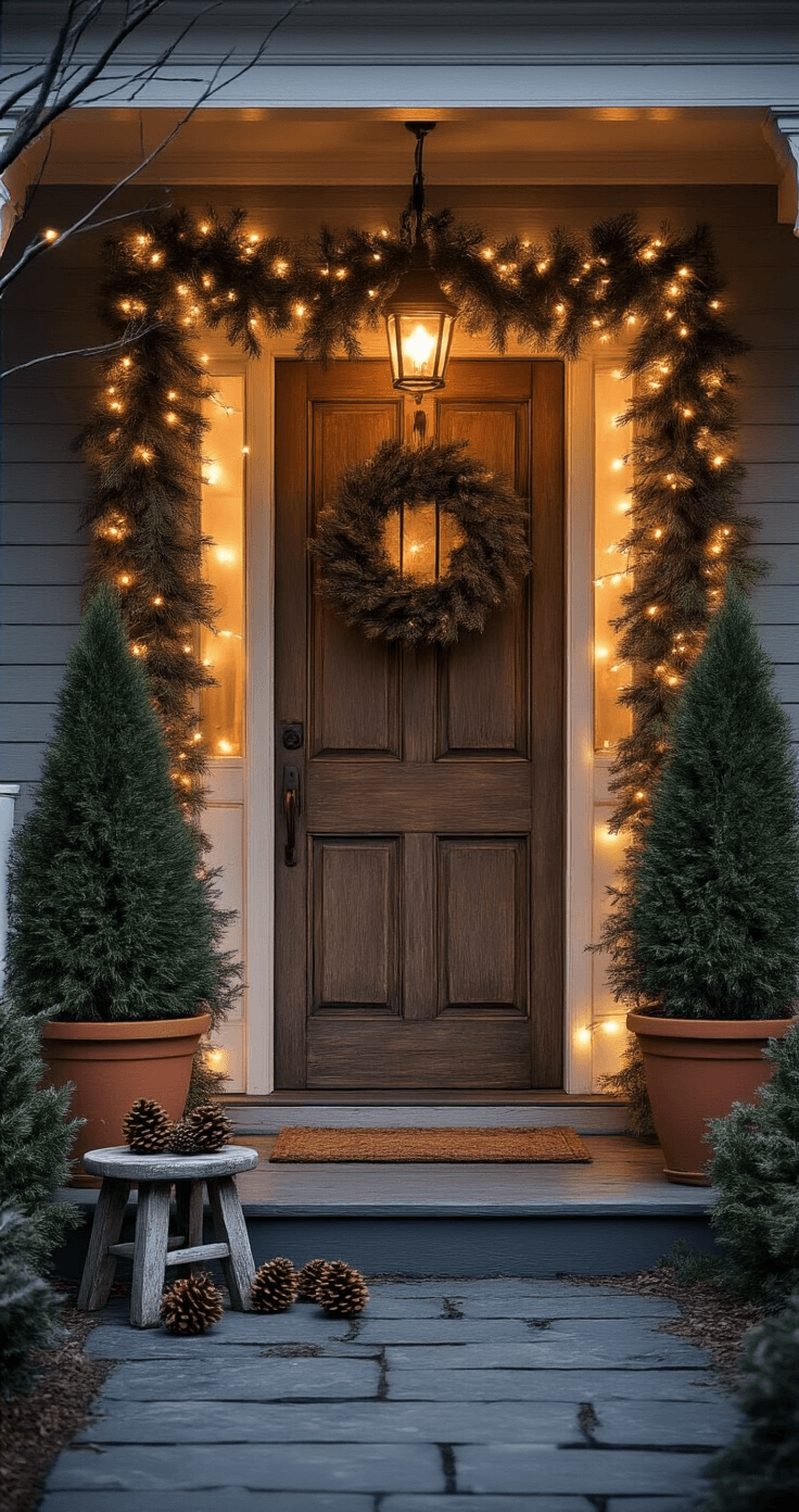 Ultra-detailed winter porch scene at dusk featuring a vintage wooden front door surrounded by lush evergreen garlands, weathered terracotta planters with cypress trees, a distressed wood stool with scattered pinecones, warm white string lights, and a dark gray stone pathway, all bathed in a soft amber glow with a muted winter color palette.