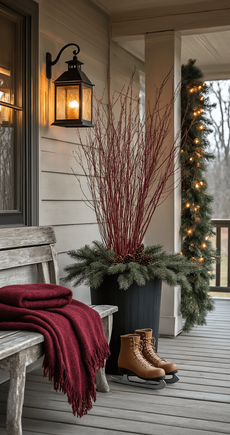 Cozy winter porch vignette featuring rustic lanterns, red twig dogwood branches in a black metal planter, vintage ice skates on the door, a wool blanket on a wooden bench, soft solar pathway lights, an evergreen garland with pinecone accents, birch wood elements, and a muted burgundy and sage green color scheme in twilight lighting.