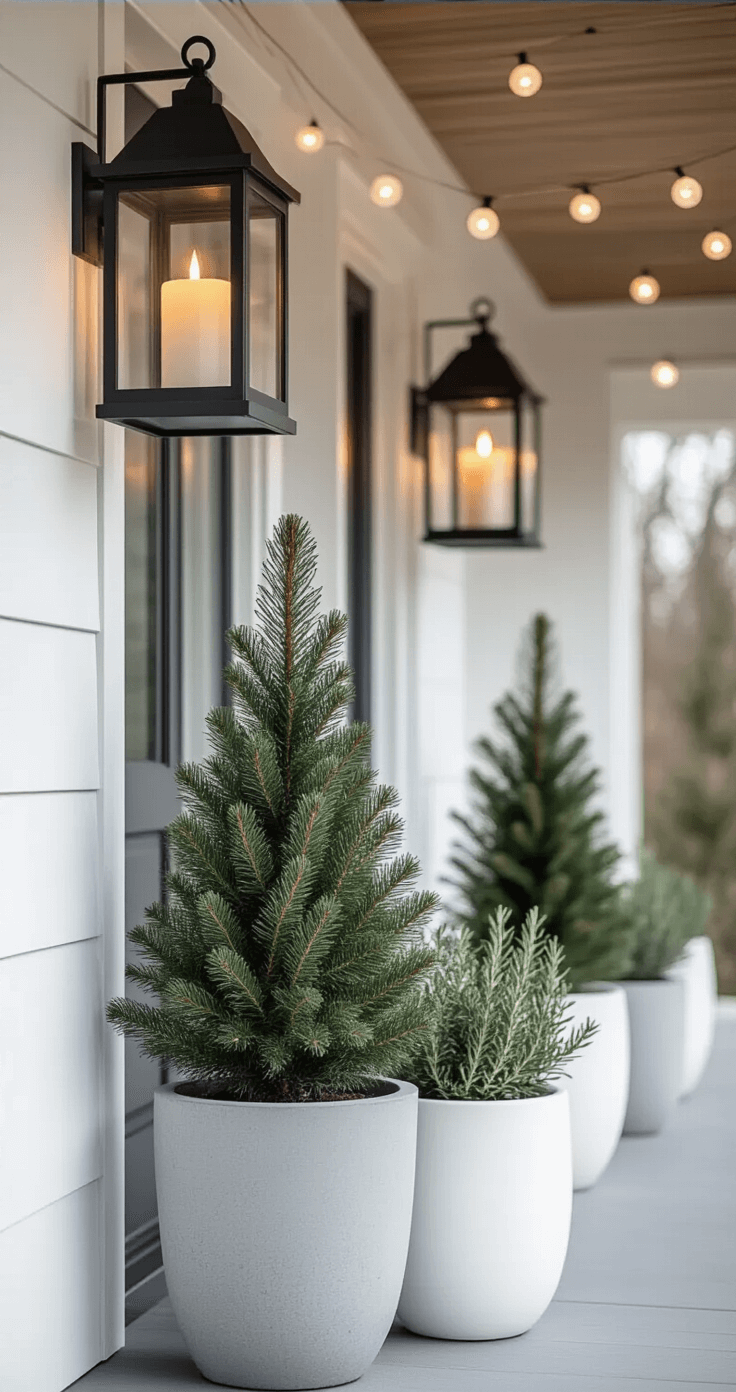 Elegant minimalist winter porch featuring symmetrical black lanterns with amber candle glow, a potted Italian spruce in a sleek concrete planter, white ceramic rosemary topiaries, warm white globe string lights, a slate gray door, natural wood elements, and a neutral color palette, all bathed in soft evening light.