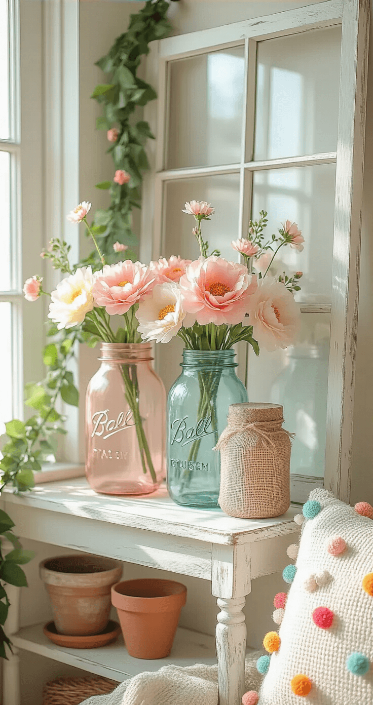 Bright sunlit living room corner showcasing a handmade fabric flower arrangement in mason jars and glass bottles, with a distressed white wooden shelf adorned with burlap ribbon and vintage book page birds. A large vintage window and faux greenery garland enhance the soft natural light, illuminating a handwoven throw pillow and rustic terracotta pots. Soft focus and warm lighting accentuate the organic textures and spring colors.