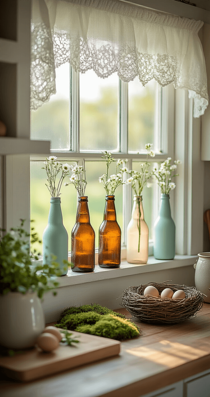 Farmhouse kitchen windowsill adorned with upcycled, spray-painted beer bottles holding single stem flowers, complemented by a vintage lace curtain valance and soft morning light. A wooden cutting board displays fresh herbs, while a ceramic bird nest with wooden eggs adds charm. Distressed white wooden shelves showcase layered textures of moss, ribbon, and metallic accents, all captured in soft focus with warm natural lighting.