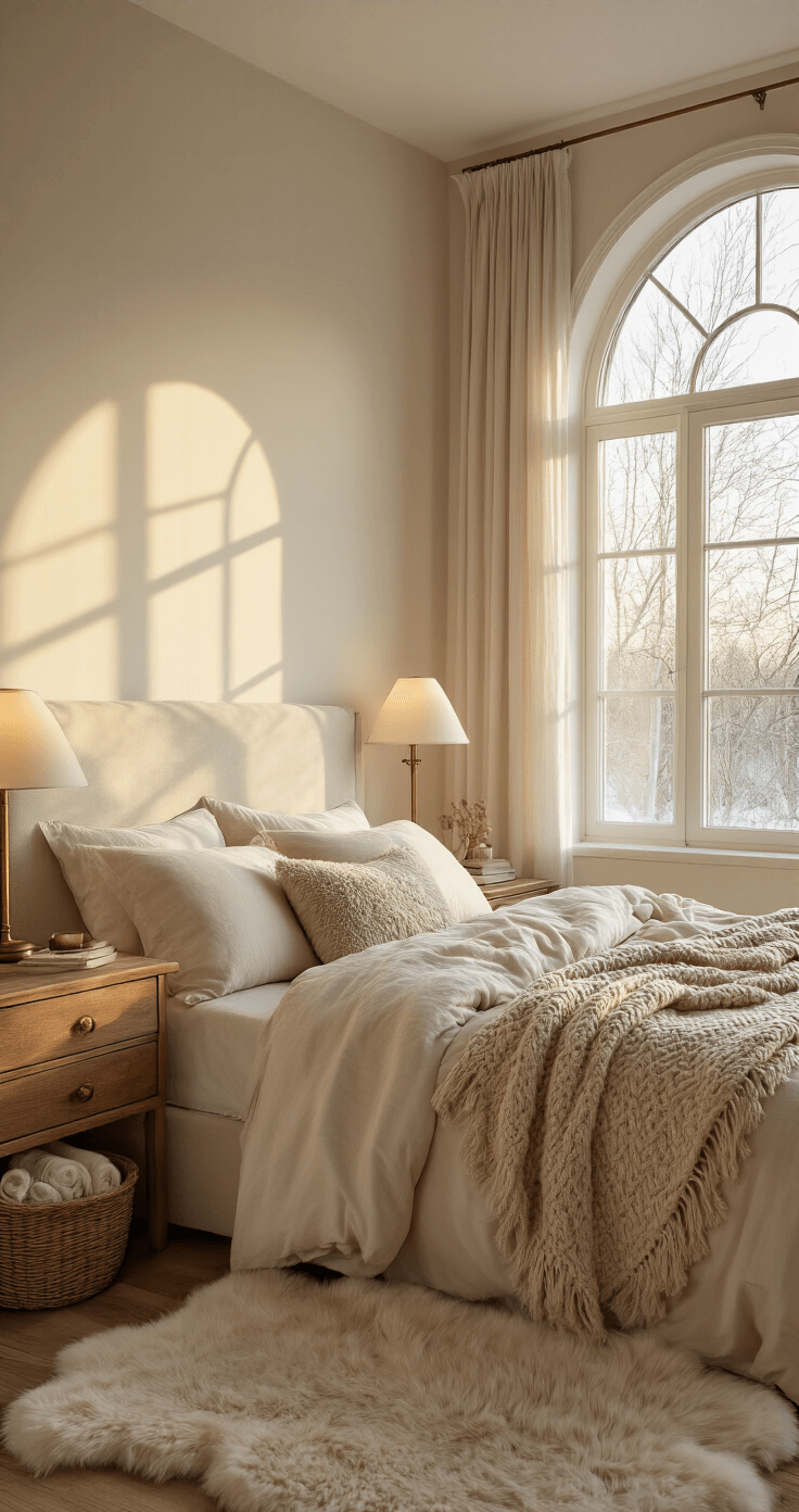 Intimate bedroom at dawn with a king-sized bed layered in ivory flannel sheets and a muted bronze faux fur throw, warm lighting from wooden nightstands, and large arched window showcasing bare winter branches, all contributing to a cozy, tranquil atmosphere.