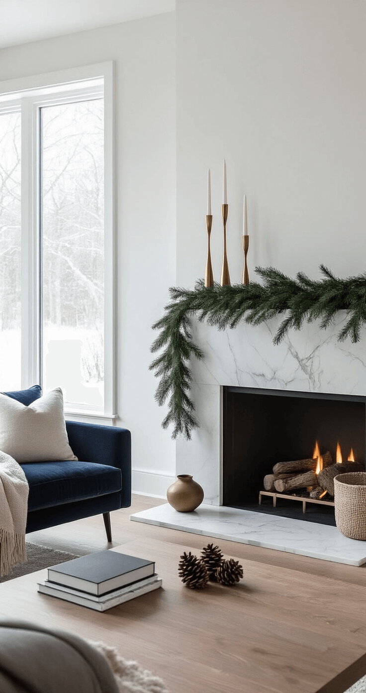 Minimalist winter-themed living room corner with white plastered walls, sleek marble fireplace adorned with evergreen garland, oversized navy velvet armchair, and natural wood coffee table, bathed in soft cinematographic lighting.