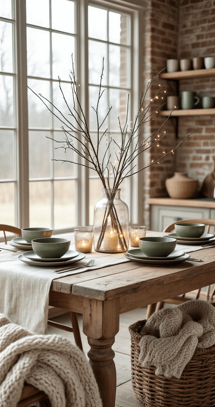 A rustic kitchen dining area styled for winter features a reclaimed wooden table with a warm ivory linen runner, mismatched forest green and muted gold ceramic plates, and a centerpiece of bare winter branches in a glass vase adorned with fairy lights. Nearby, a woven basket holds chunky knit blankets. The soft morning light streams through large windows, illuminating an exposed brick wall with floating wooden shelves displaying ceramic mugs.