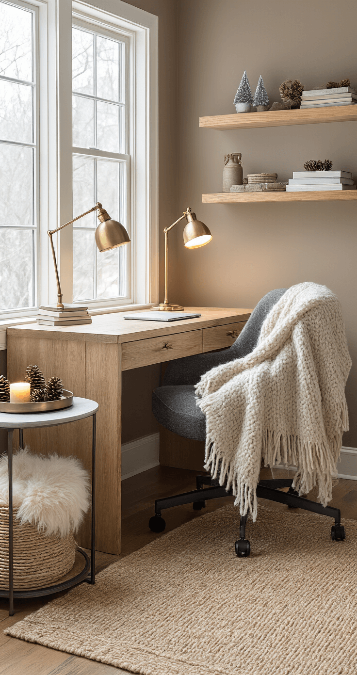 Cozy winter-themed home office nook featuring a wooden desk by a large window, ergonomic chair with a wool throw, brass desk lamp, side table with books and pinecone decor, and layered rugs, all in a warm taupe setting.
