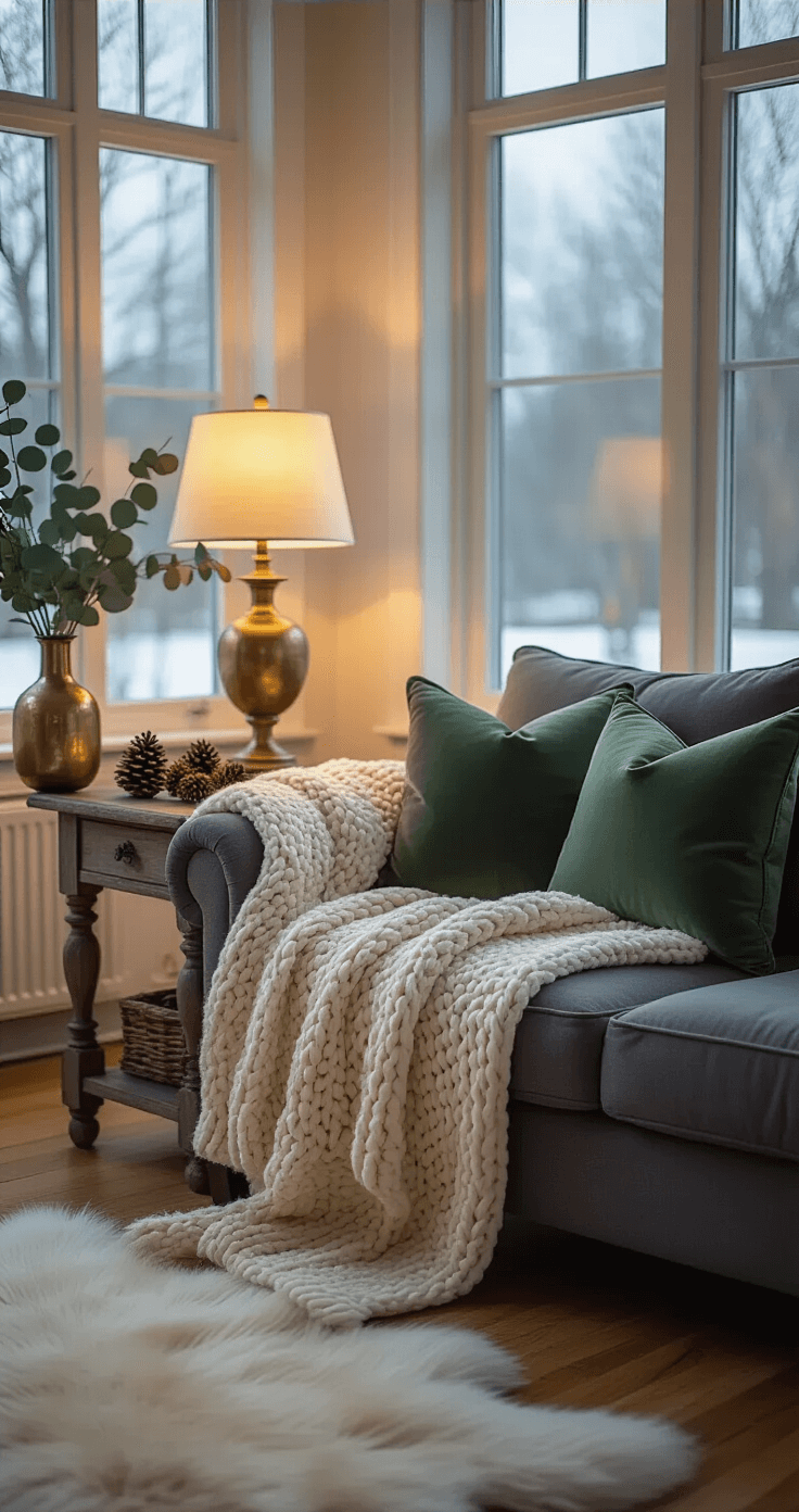A cozy living room at dusk with warm golden light, featuring a charcoal gray sofa draped with a cream knit throw, sage green velvet pillows, a weathered oak side table with a brass lamp, and a vase of pinecones and eucalyptus, all complemented by a faux sheepskin rug and frost-edged windows revealing a winter landscape.