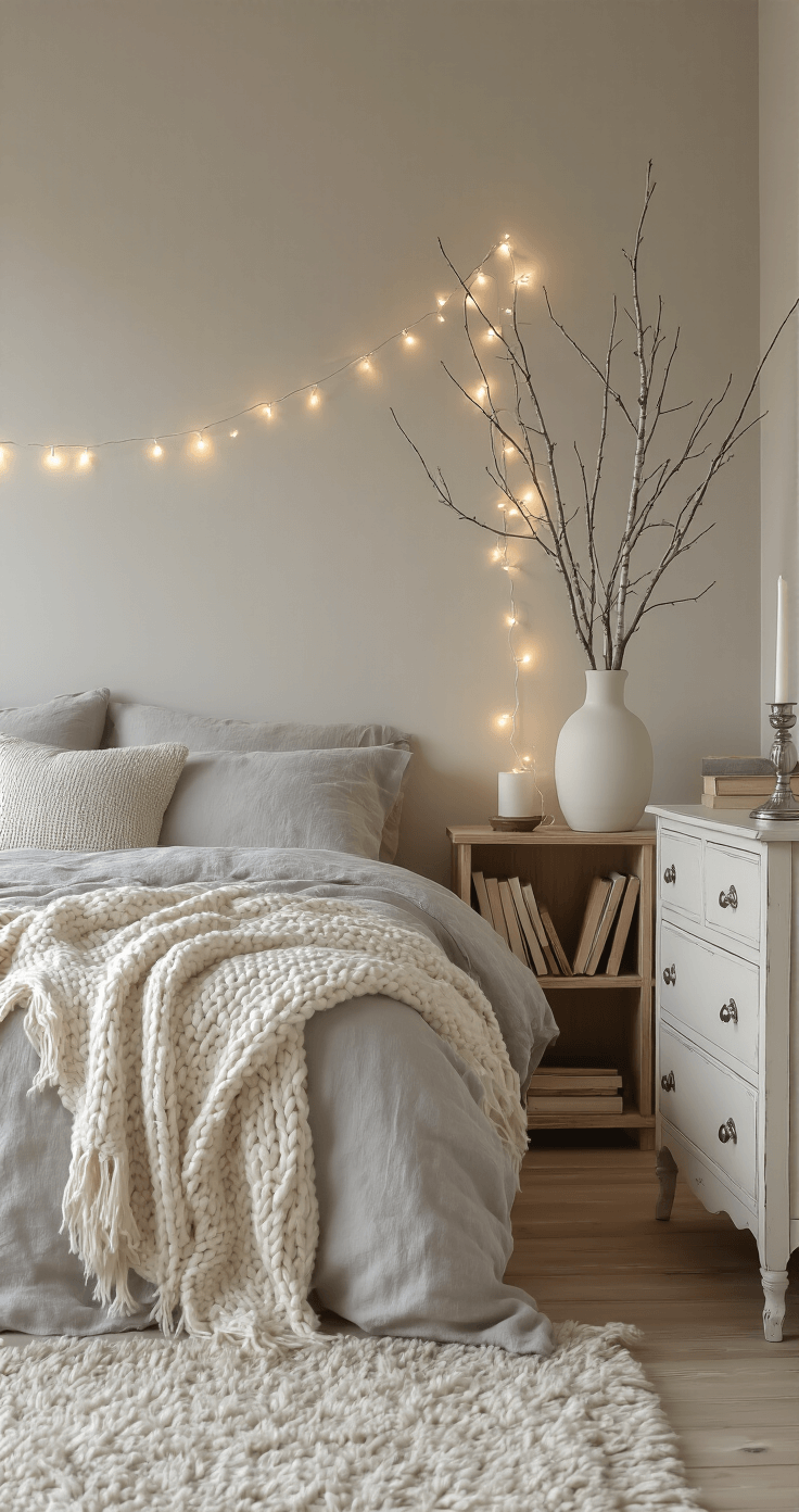 A serene Scandinavian-inspired bedroom featuring warm white string lights around a wooden bookshelf, soft gray linen bedding with a chunky cream wool blanket, bare birch branches in a matte white vase, a vintage silver candle holder on a distressed white dresser, and natural light filtering through sheer curtains, all against a muted sage and cream color palette on natural wood flooring with a textured wool rug.