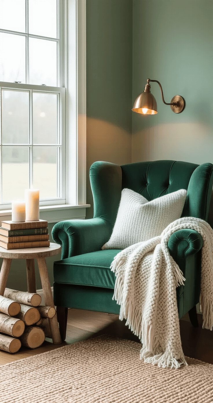 An intimate reading nook featuring a deep emerald velvet armchair by a frost-edged window, adorned with a cream and gray knitted throw, a reclaimed wood side table with soft white battery-operated candles, stacked vintage leather-bound books, and a warm amber light from a brass lamp, all set against soft sage green textured walls, a natural jute rug below, and birch logs in the corner, captured from a slightly elevated angle.