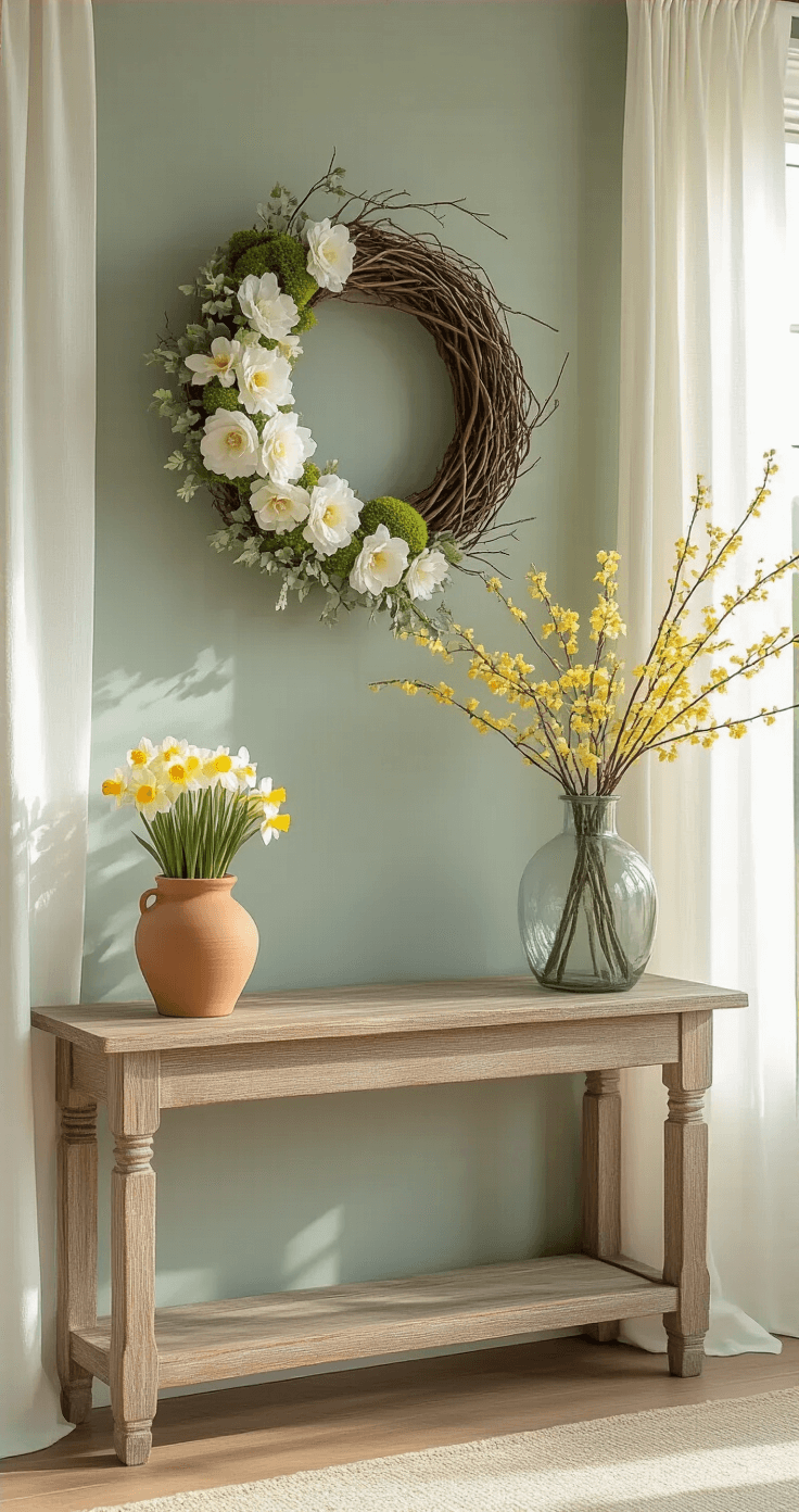 Ultra-realistic entryway interior bathed in soft morning light, featuring a rustic grapevine spring wreath, daffodils in a terracotta planter, and a console table with a natural linen runner against a greenish-blue accent wall.