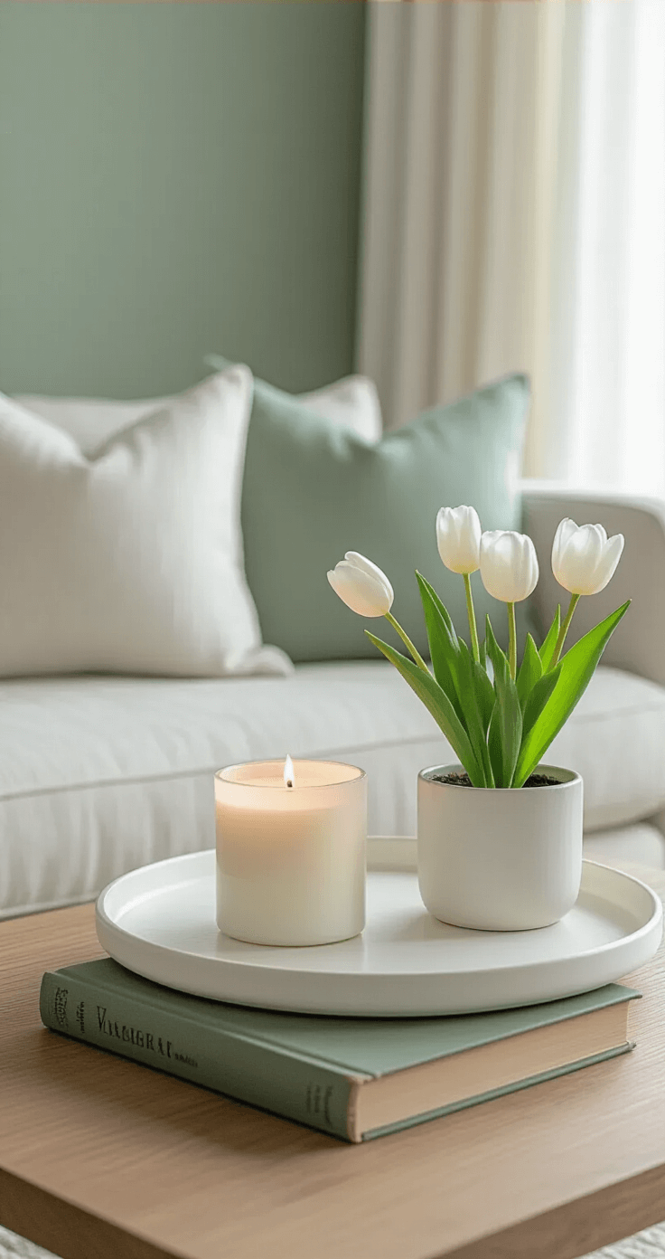 Sophisticated living room vignette featuring a natural wood coffee table with a white ceramic tray, a cream candle, a small potted white tulip, and a vintage hardcover book with a sage green spine, surrounded by light linen throw pillows, against a soft greenish-blue accent wall, with sheer white curtains filtering sunlight.