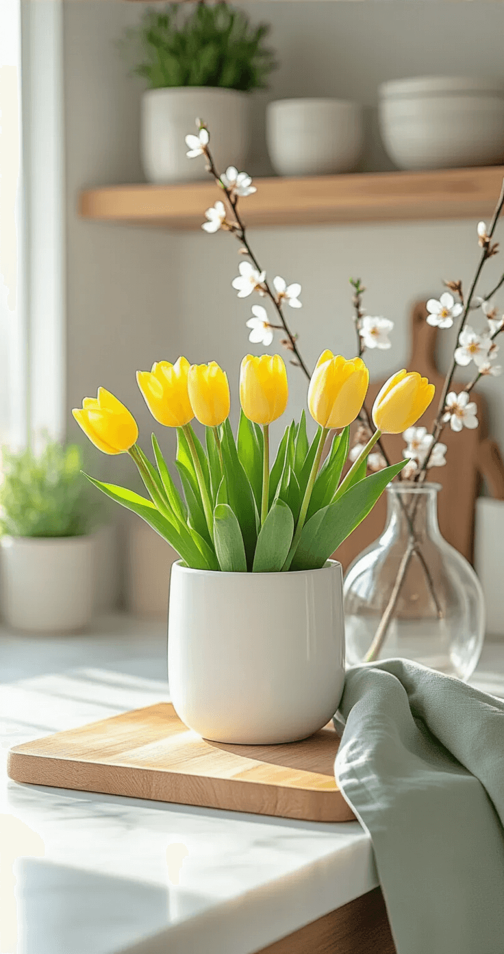 Bright kitchen counter with a white ceramic planter of yellow tulips, natural wood cutting board, sage linen tea towel, and a glass vase with cherry blossom branches, all showcased on a soft white marble countertop under morning light.