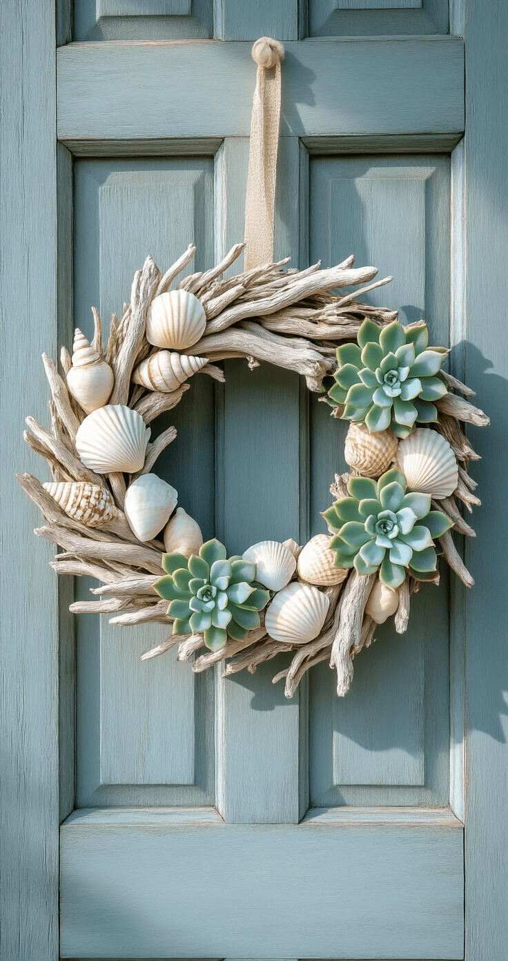 A coastal-themed wreath made of soft white shells, pale driftwood, and sage succulents hangs on a weathered blue-gray door, with midday sunlight highlighting its delicate composition and textures in a serene color palette.