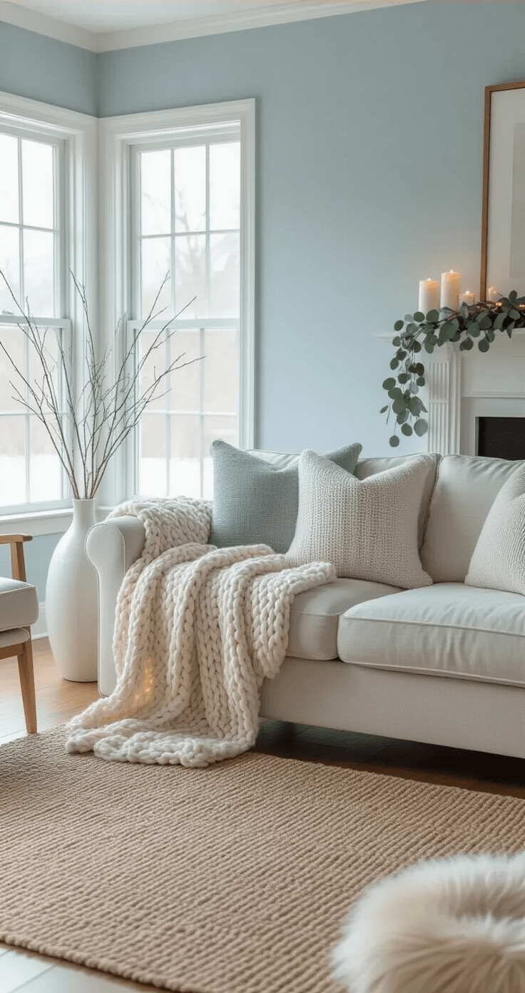 A cozy winter living room with powder blue walls, a light gray sofa draped with a cream chunky knit throw, and a sheepskin-covered armchair, accentuated by frosted windows, silver branches in a ceramic vase, textured pillows, warm string lights on the mantel, and a layered rug, all bathed in soft natural light.