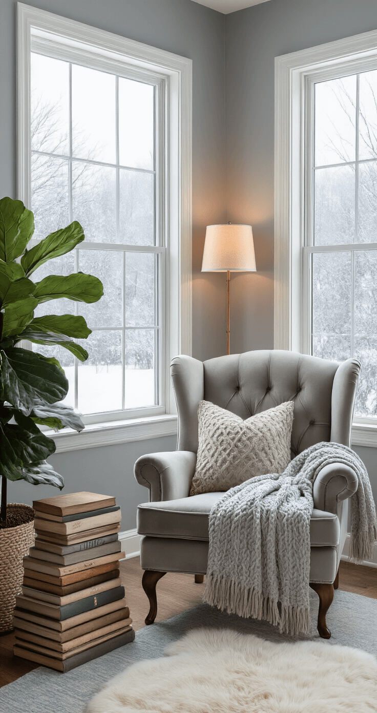 Intimate reading nook with floor-to-ceiling windows revealing a snowy landscape, featuring dove gray walls, a velvet wingback chair, a silver throw blanket, stacked vintage books, a fiddle leaf fig, and warm amber lighting, all styled with minimalism and personal touches.