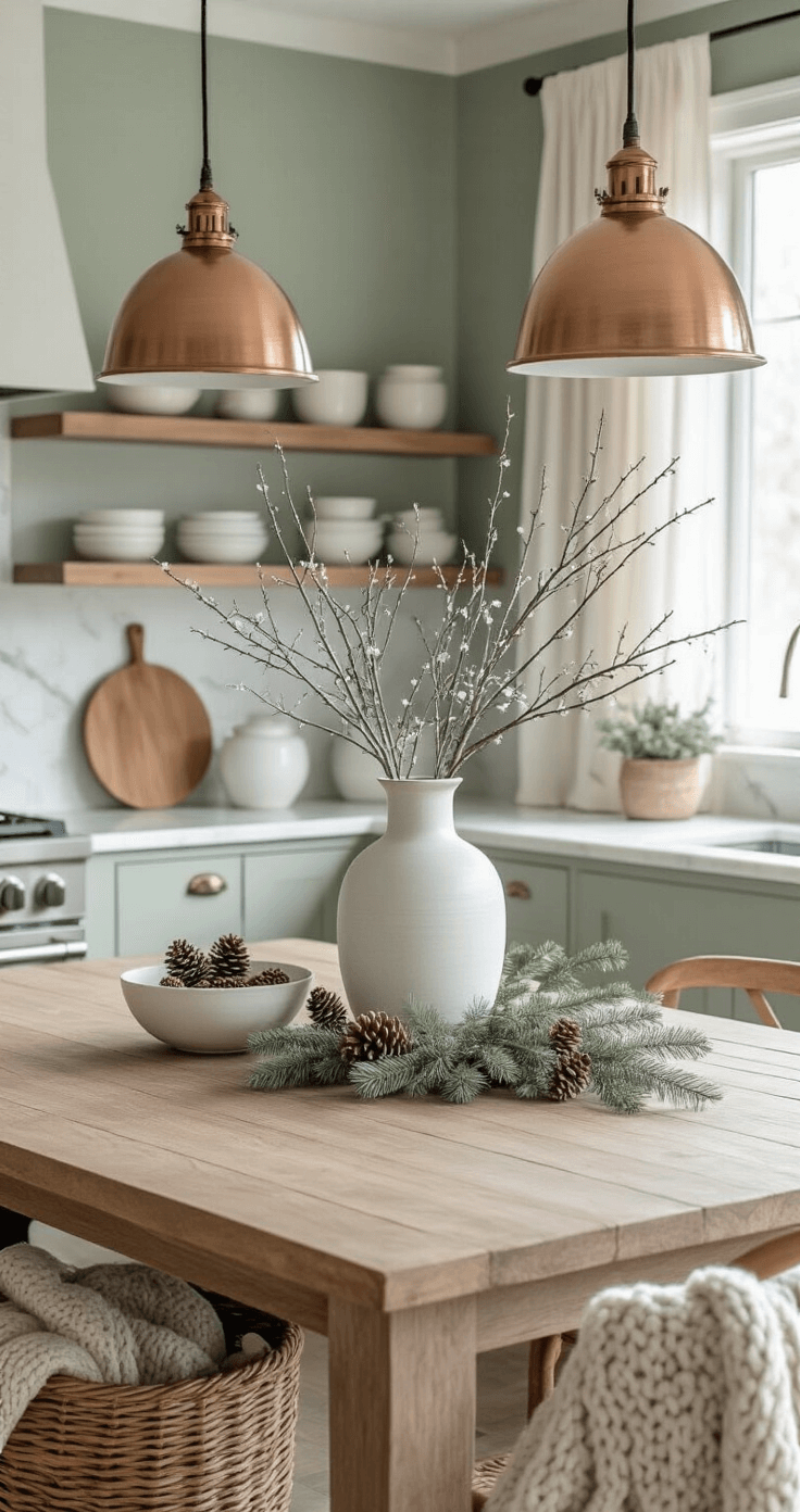 A sophisticated kitchen featuring pale sage walls and marble countertops, with a large wooden farmhouse table, a centerpiece of silver-sprayed branches in a tall white vase, faux eucalyptus stems, warm copper pendant lights, and open shelving displaying neutral-toned ceramics and cookbooks, all bathed in soft morning light.