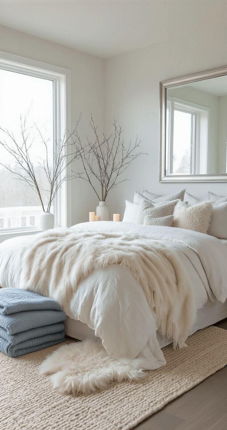 Tranquil bedroom featuring soft white walls, a king-sized bed with cream and dove gray bedding, a faux fur throw, a large mirror, bare branches in a tall vase, a vintage wool blanket in muted blue-gray, battery-operated candles, and layered area rugs, all illuminated by soft morning light.