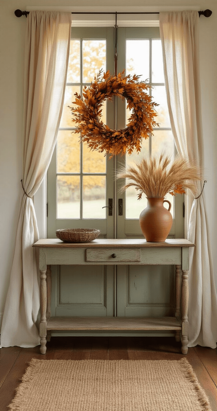 A rustic farmhouse entryway bathed in warm autumn sunlight, featuring a sage green door adorned with a handcrafted fall wreath, a vintage console table with a ceramic vase of dried wheat and burgundy maple leaves, weathered oak floors, and a jute runner, all captured from a 45-degree angle with soft, diffused lighting.