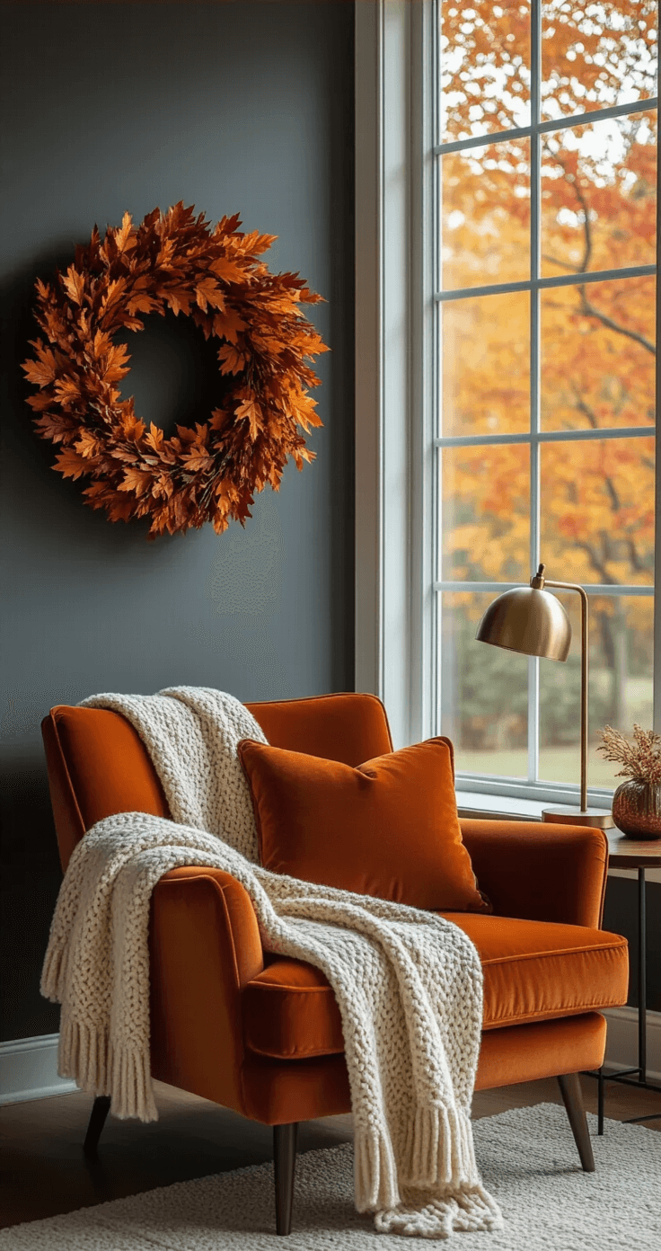 Cozy living room corner with a fall wreath on a charcoal gray wall, featuring a burnt orange velvet armchair, mid-century modern side table with brass lamp, autumn trees visible through large windows, and a cream and rust hand-knitted throw blanket draped over the chair, all bathed in soft natural light.