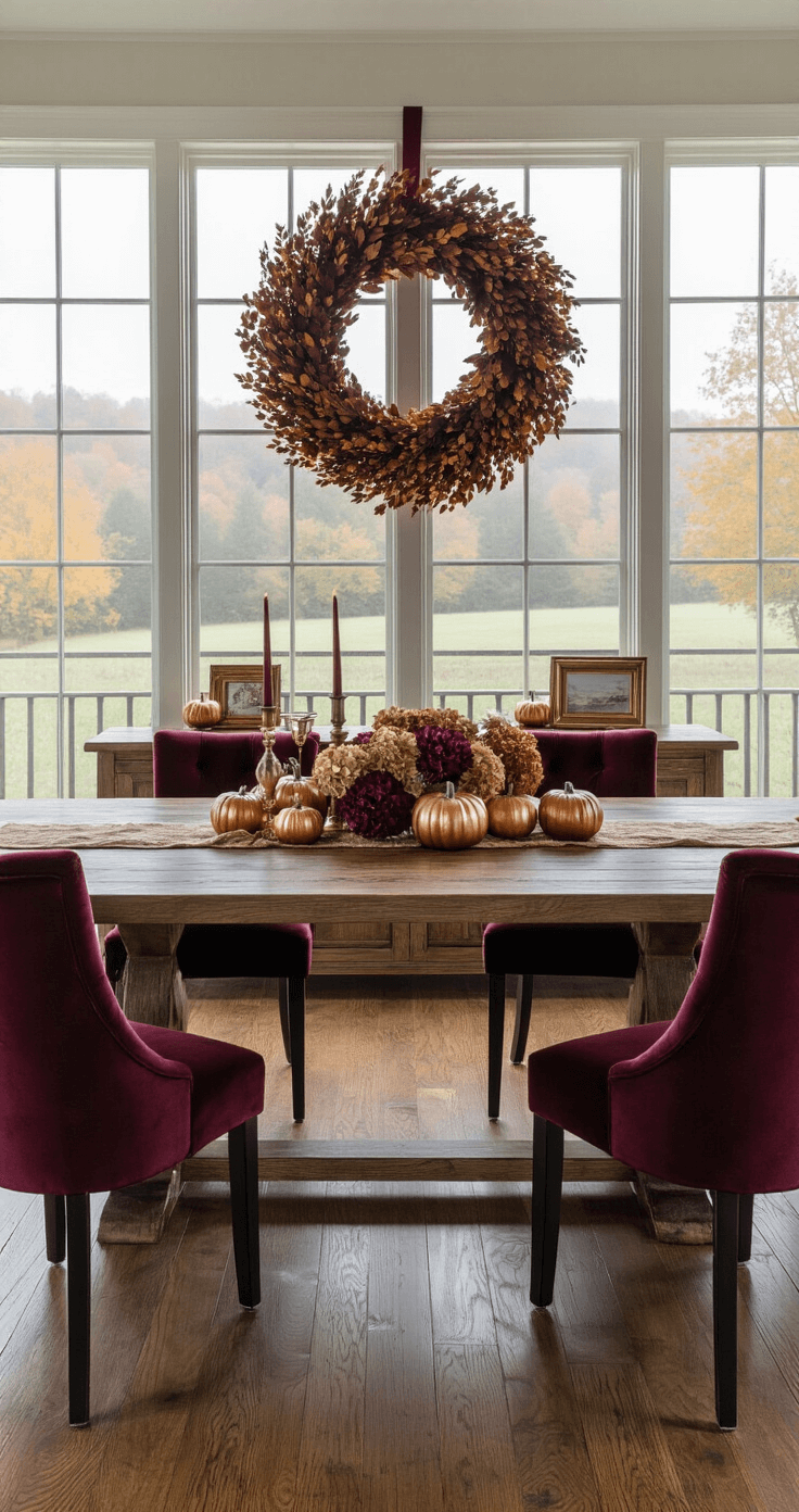 A sophisticated dining room featuring a dramatic fall wreath above a reclaimed wood buffet, deep burgundy velvet chairs around a massive oak table with a copper centerpiece of mini pumpkins and dried hydrangeas, oversized windows revealing a misty autumn landscape, and warm walnut hardwood floors.