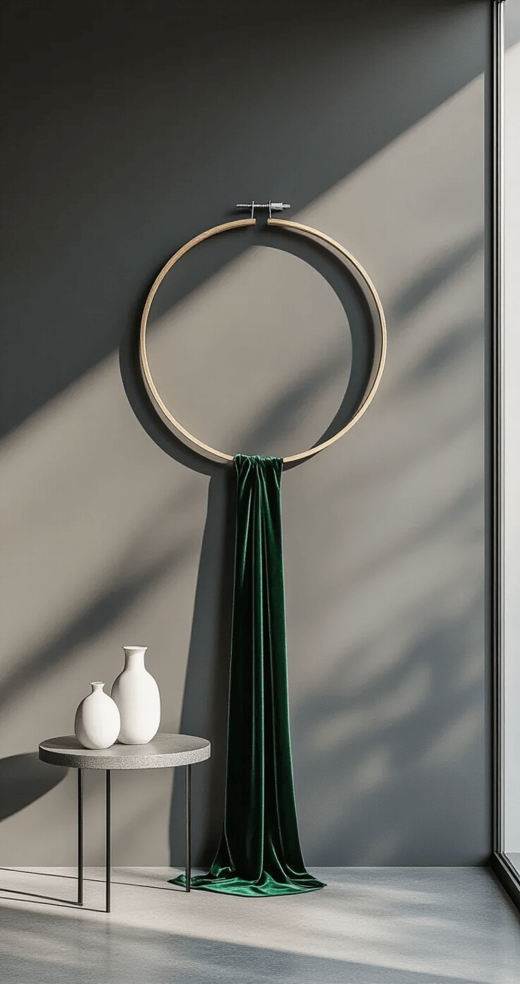A minimalist modern entryway featuring a sleek silver embroidery hoop wreath against a matte charcoal gray wall, with a deep emerald green velvet ribbon and geometric metal ornaments. The polished concrete floor complements a mid-century modern side table topped with a white ceramic vase, all illuminated by dramatic side lighting from a large window.