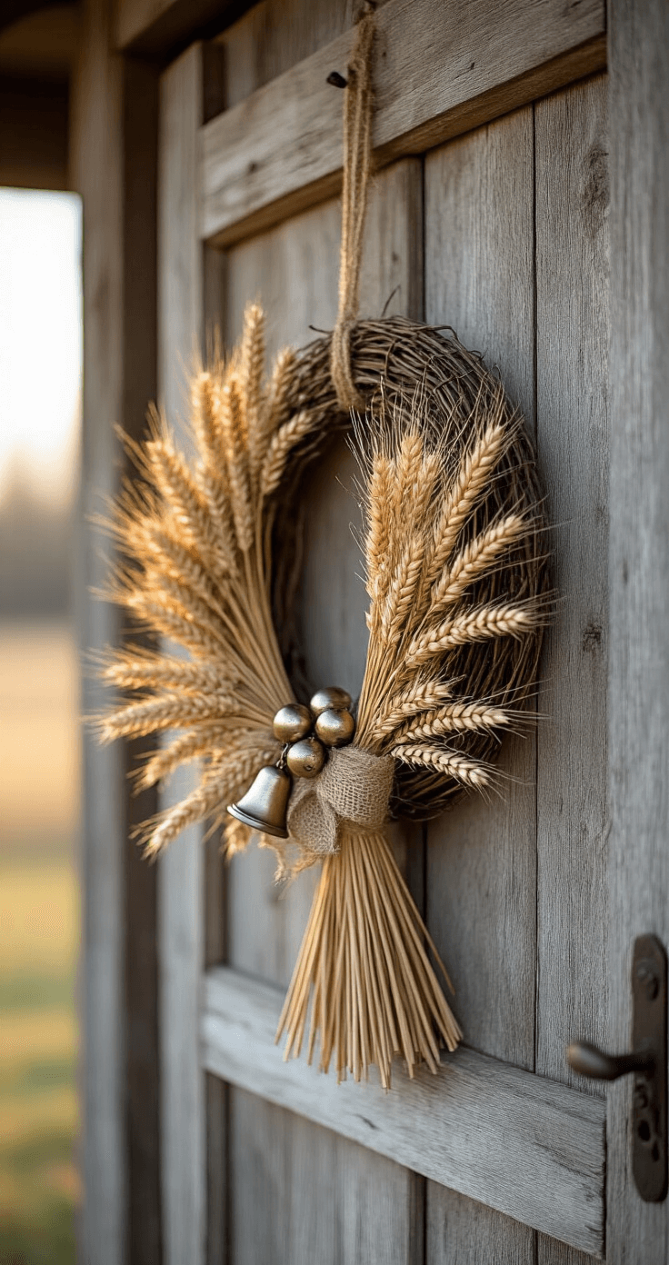 A rustic woodland-inspired wreath made of dried wheat bundles and adorned with silver bells and jute twine hangs on a reclaimed barn wood door, illuminated by soft morning light that highlights the weathered textures, with a muted cream and bronze color palette and delicate copper wire details, set in a farmhouse exterior.