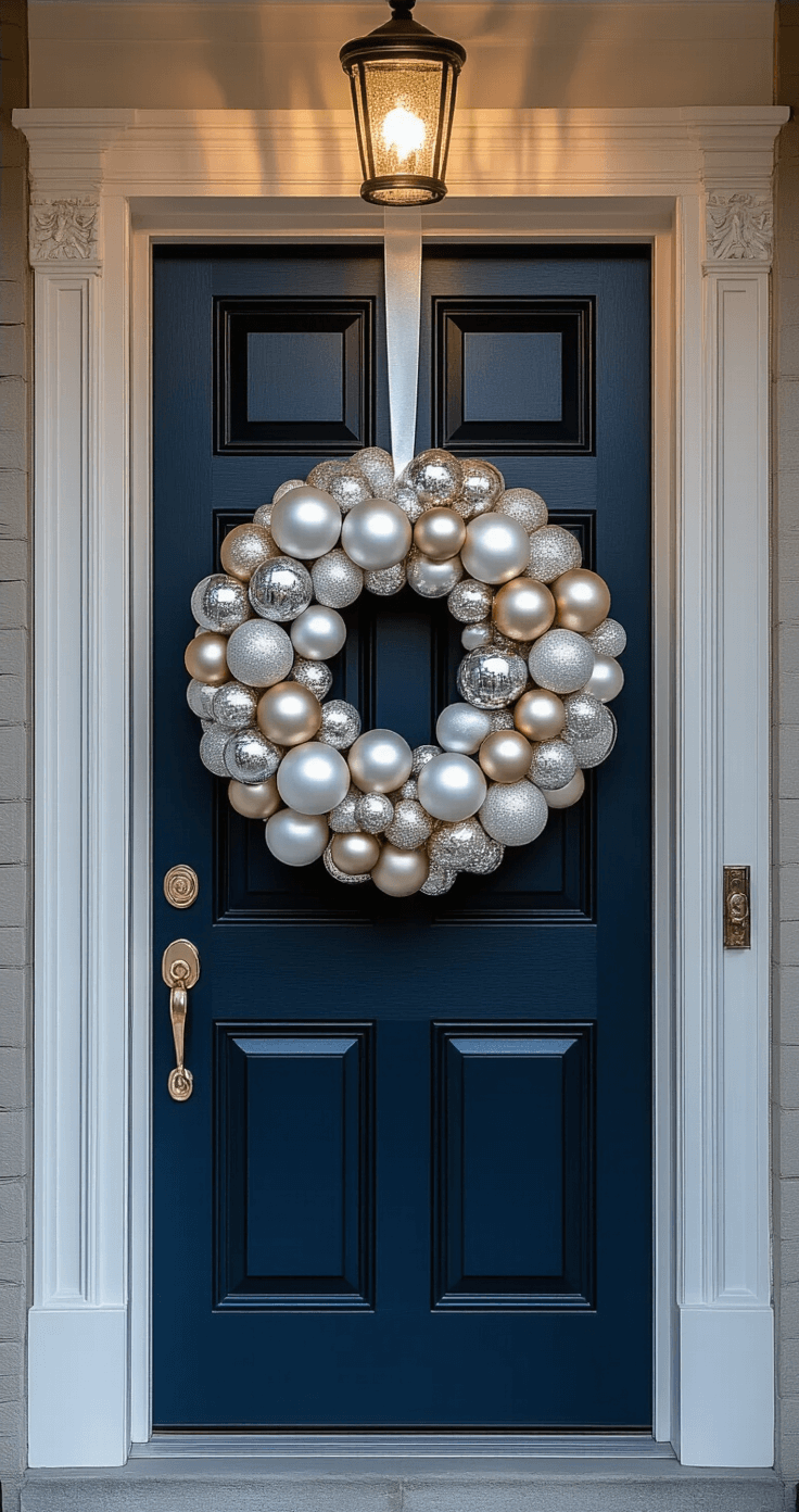 Glamorous ornament wreath in white, silver, and champagne tones on a deep navy blue front door, featuring graduated glass and metallic ornaments, silk ribbon, and art deco elements, captured in dramatic evening lighting with a focus on details and modern composition.