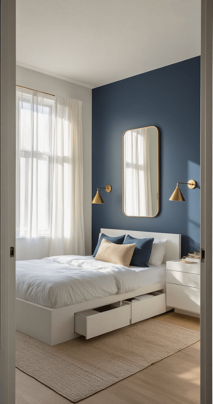A serene ultra-minimalist Brooklyn bedroom featuring a low-profile platform bed against warm white walls and a soft navy accent wall, with a large mounted mirror opposite a window draped in sheer white curtains letting in warm morning sunlight. The space includes a wall-mounted floating nightstand with a slim brass lamp and a neatly organized dresser showcasing visible drawer dividers, all captured from the doorway with a wide shot that emphasizes vertical storage and clean lines bathed in soft diffused natural light.