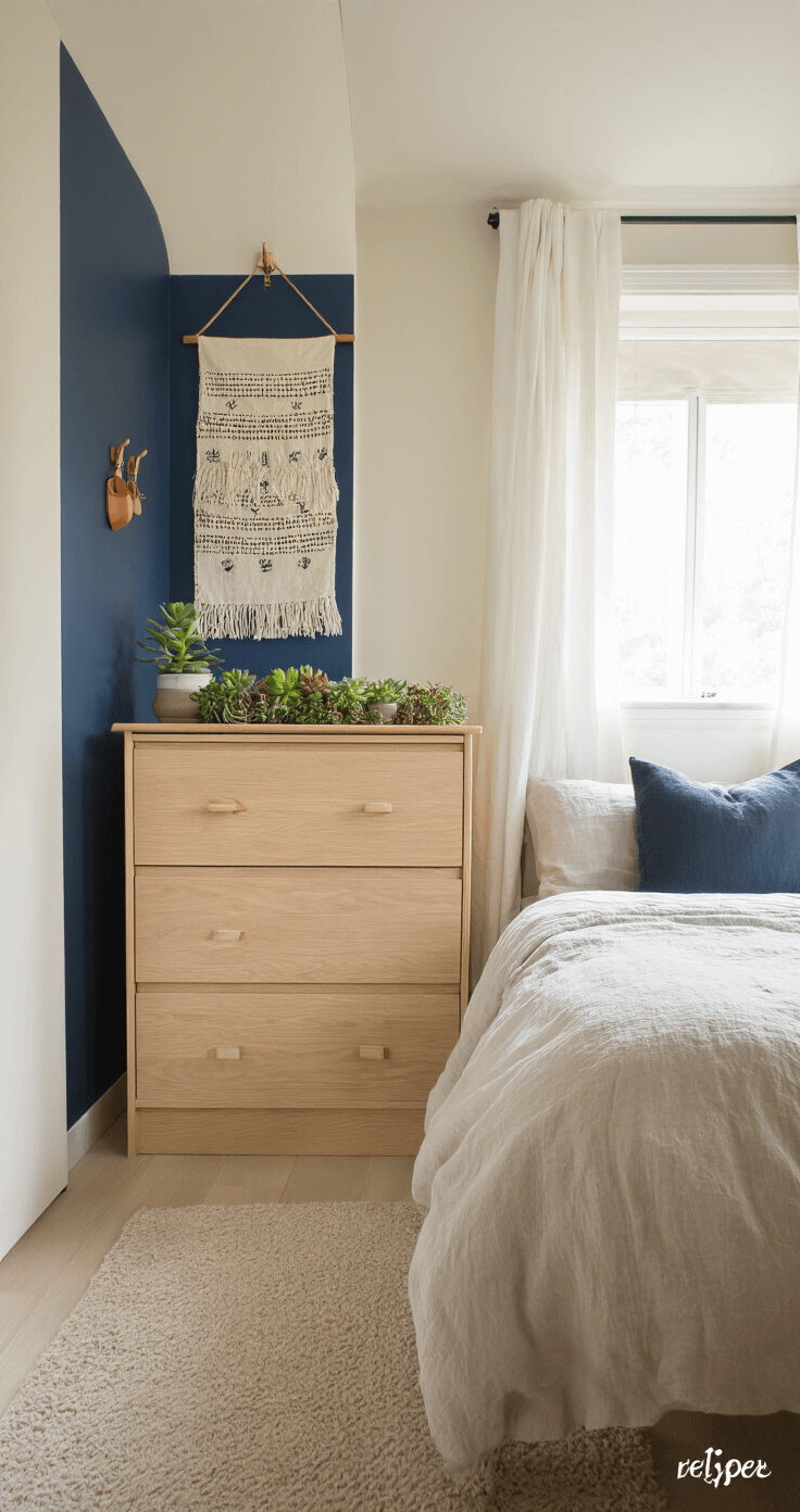 A Scandinavian-inspired tiny bedroom featuring a tall, narrow pale oak dresser and vertical storage solutions. The walls are soft cream with one navy accent wall, and a mounted tapestry serves as the headboard. Decorative hooks showcase minimal leather accessories. Sheer white curtains diffuse natural light from a large window, enhancing the visual space. A small corner shelf displays a curated collection of succulents. The low-angle shot emphasizes vertical lines and a spacious feeling, illuminated by warm morning light.