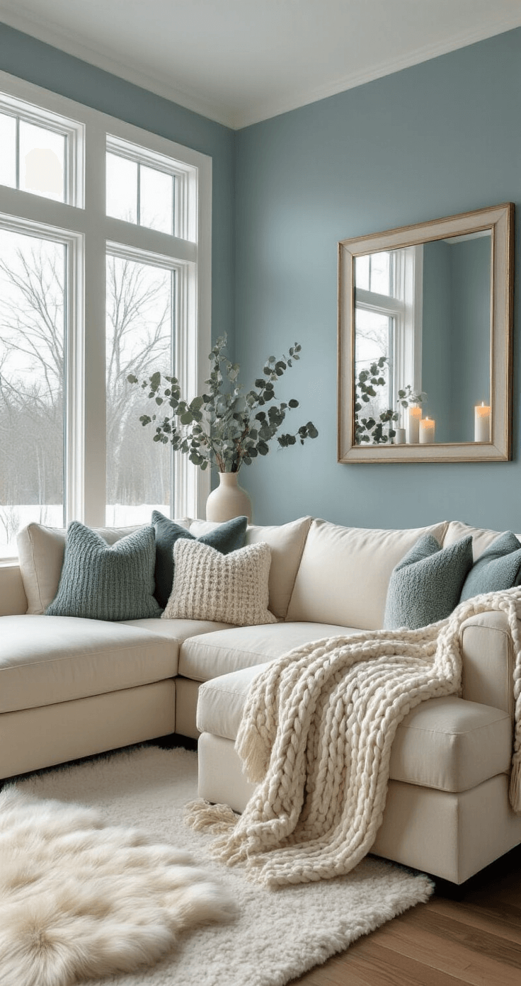 Ultra-detailed winter living room featuring an icy blue accent wall, cream sectional sofa with chunky gray throws, large mirror reflecting candlelight, eucalyptus in a ceramic vase, hardwood floors with a sheepskin rug, and golden hour lighting creating warm shadows, all styled with layered textures and a color palette of whites, blues, and sage greens.