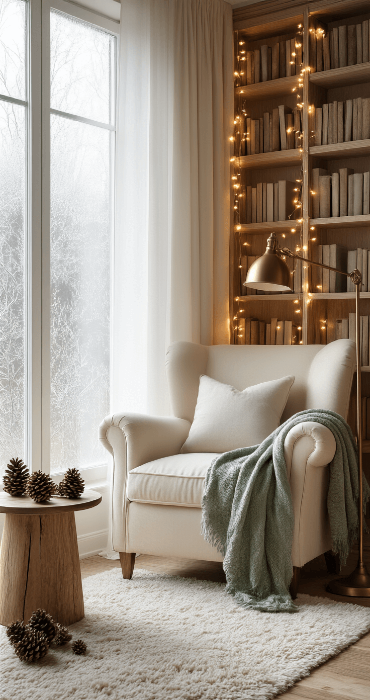 A cozy reading nook featuring an oversized cream armchair by a frosted floor-to-ceiling window, adorned with battery-operated fairy lights on a wooden bookshelf, a soft sage green throw blanket, and a vintage brass reading lamp, complemented by scattered pinecones on a side table, warm wooden floors, a plush area rug, and soft morning light filtering through sheer white curtains.