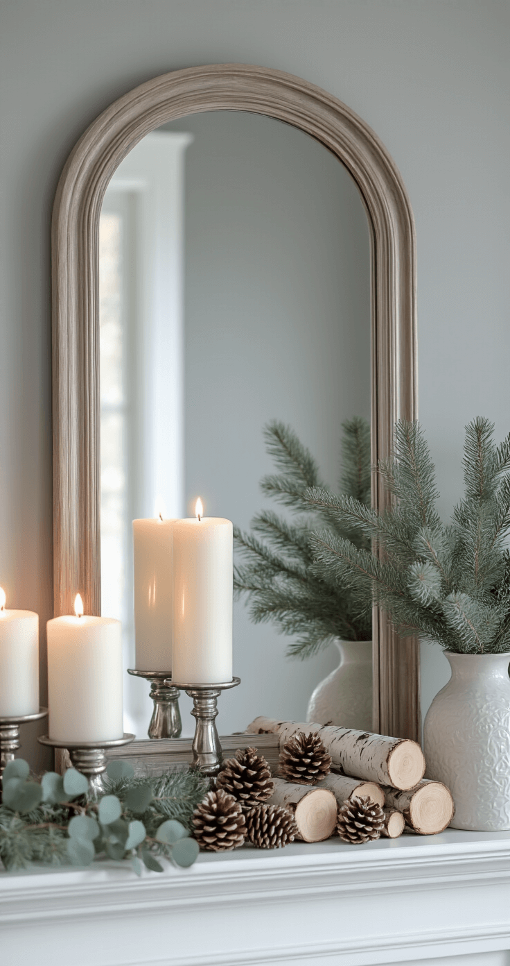 Sophisticated winter mantel styled asymmetrically with a large central mirror, soft white pillar candles, birch log stack, delicate eucalyptus stems in a ceramic vase, seven pinecones, silver candlesticks, cool-toned white string lights, against a muted gray wall, showcasing clean architectural lines in professional interior photography with soft side lighting.