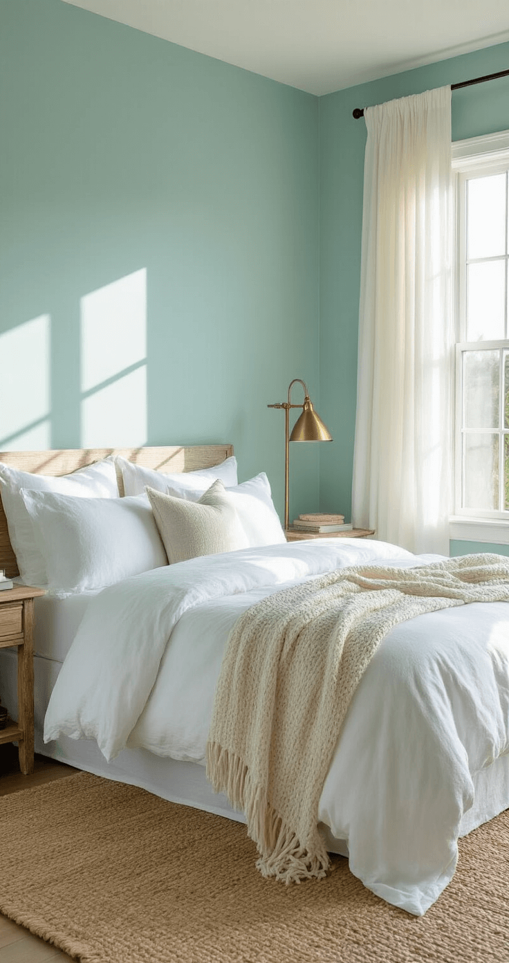 Ultra-realistic coastal bedroom featuring soft aqua walls, a white linen duvet, and natural jute rug, with large windows letting in morning light through sheer curtains. The scene includes a driftwood side table, brass reading lamp, and a cream woven throw blanket, all presented in a tranquil, airy atmosphere.