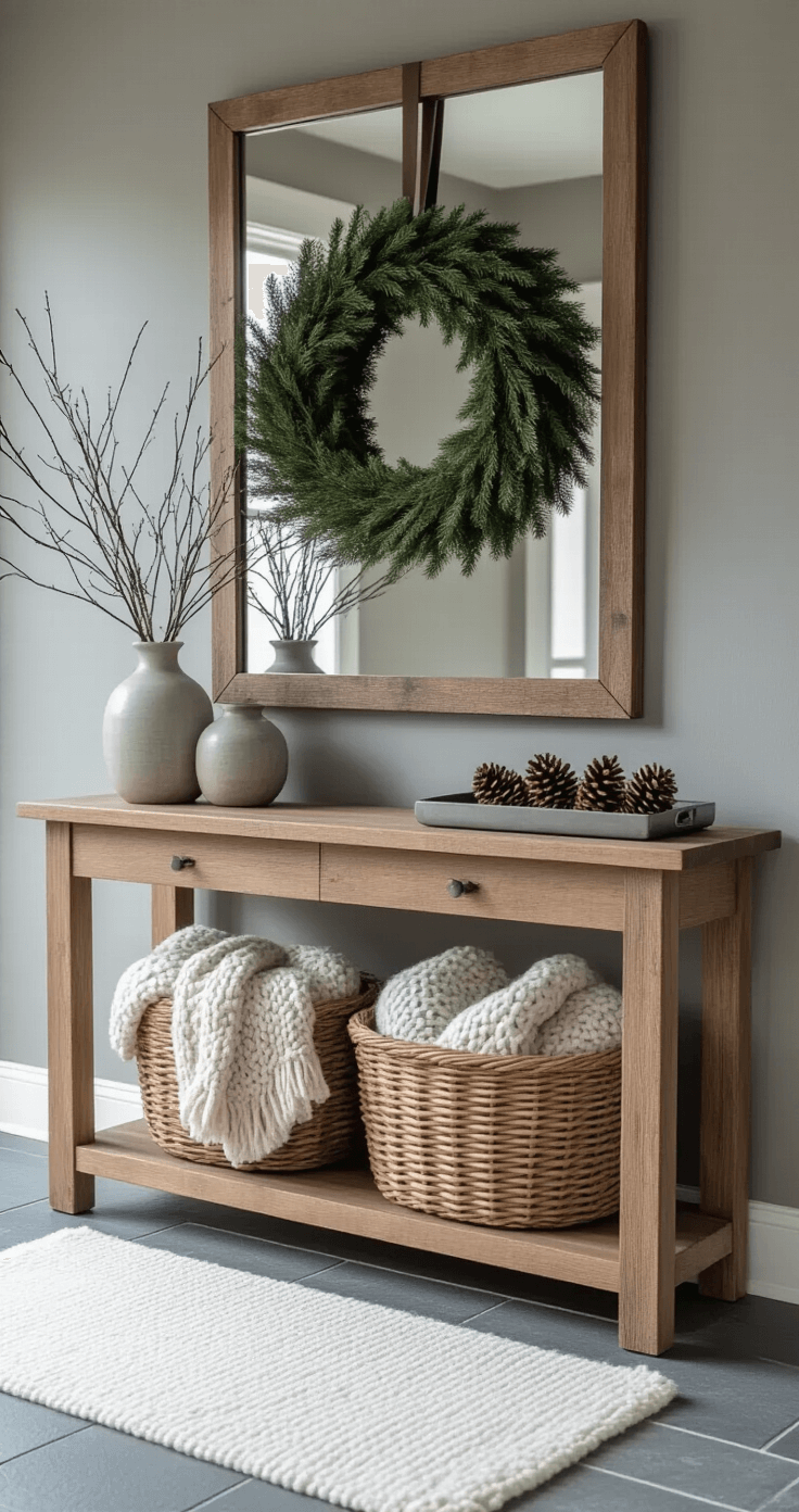 Rustic entryway featuring a natural wooden console table, large evergreen wreath on a mirror, woven basket with chunky knit throws, and a ceramic vase with bare winter branches, set against slate gray walls and slate tile flooring, complemented by a soft white wool runner and a metallic silver tray with pinecones, all illuminated by morning winter light.