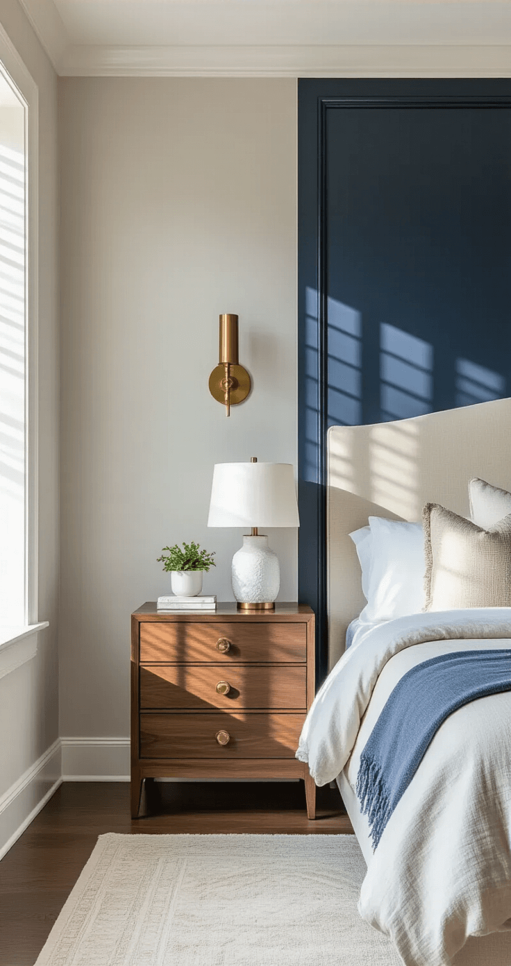 Sophisticated bedroom with a navy blue feature wall, tall cream headboard, warm brass sconces, walnut nightstands, white ceramic lamps, and soft gray walls, enhanced by morning light casting shadows on textured linen bedding.