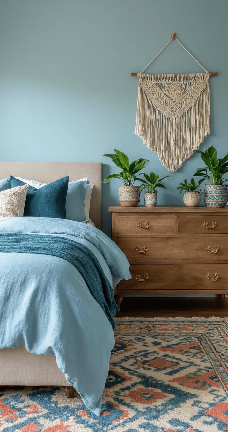 A modern bohemian bedroom featuring pale blue walls, a medium blue linen duvet, and dark blue throw pillows, complemented by a vintage wooden dresser with brass hardware. The room is adorned with emerald green plants in ceramic pots, a large macrame wall hanging, and a geometric area rug in muted blues and corals. Warm golden hour lighting enhances the eclectic mood with a slightly desaturated color palette. The image captures the textures and layers in a low-light cinematographic style with a wide lens perspective.