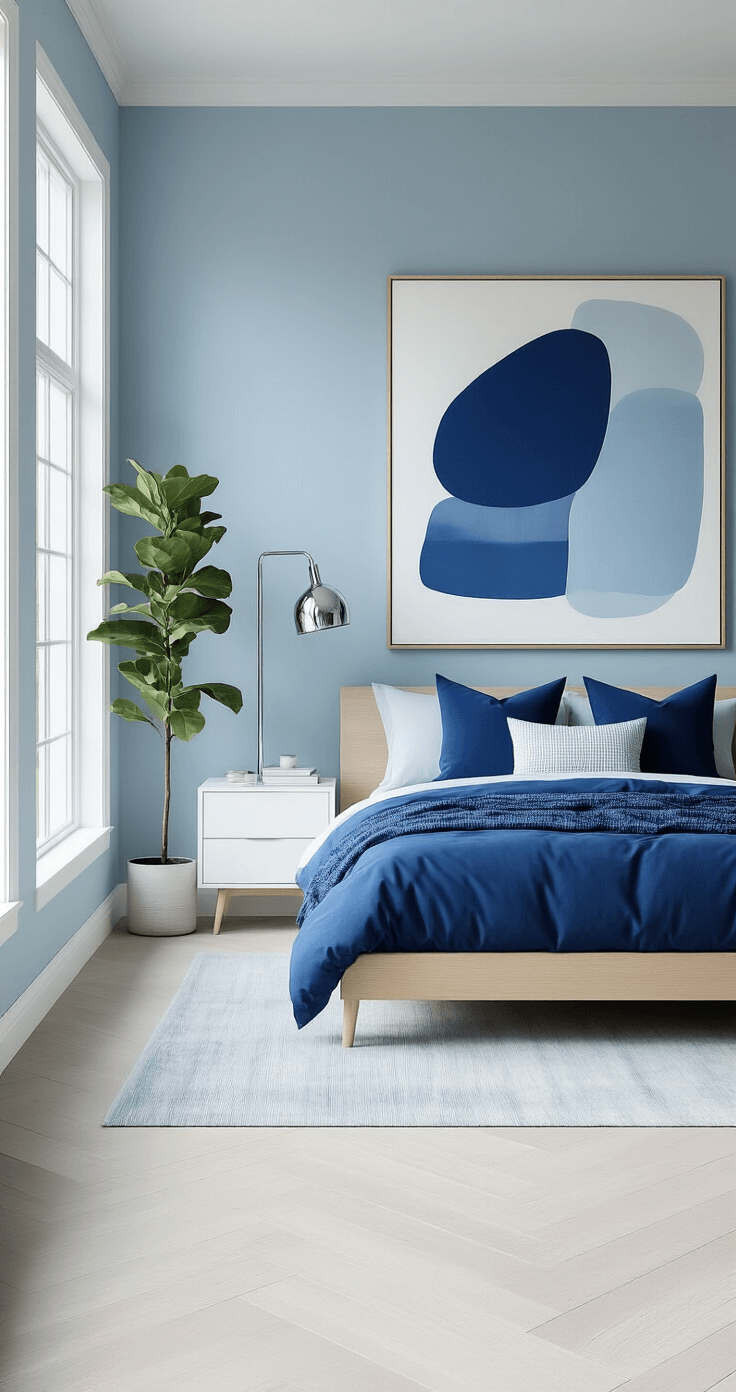 A modern blue bedroom featuring pale and sky blue accents, a minimalist platform bed with light wood frame, sleek white nightstands, a large cobalt and white abstract art piece, and a metallic chrome floor lamp, complemented by a fiddle leaf fig tree and abundant natural light from large windows.