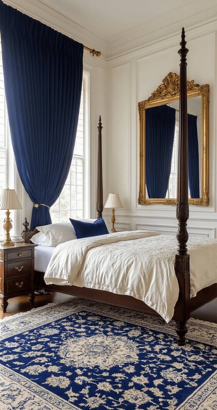 Traditional classic bedroom featuring a royal blue accent wall and white wainscoting, with a dark walnut four-poster bed dressed in a cream silk duvet, antique brass table lamps, and a large ornate gold-framed mirror. A Persian area rug with a blue and cream medallion pattern complements heavy navy velvet curtains, illuminated by soft morning light in a warm, museum-quality composition.