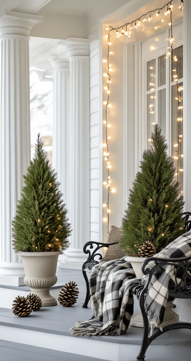 An elegant winter porch featuring symmetrical design with large potted evergreen trees, white LED string lights on porch columns, oversized pinecones on steps, and a luxurious plaid wool throw on a wrought iron bench, all illuminated by soft, diffused winter light in a monochromatic palette of greens, whites, and warm neutrals.