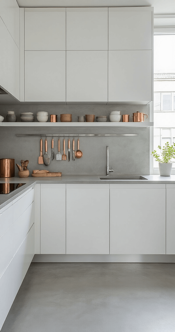 Ultra-modern galley kitchen featuring sleek white ceiling-height cabinets, soft morning light through slim windows, stainless steel knife strip, minimalist floating shelves with ceramic vessels, polished concrete countertop with induction burner, and copper accents, captured from a low angle to highlight vertical space and a cool color palette.
