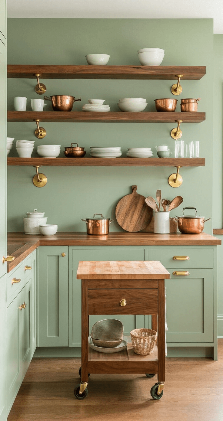 A compact L-shaped kitchen featuring warm wooden tones, walnut floating shelves, sage green walls, and brass under-cabinet lighting. The space includes open shelving with ceramic bowls and vintage copper cookware, a rolling kitchen cart with a butcher block top, and morning light illuminating the textured surfaces. The design emphasizes minimalism and efficient use of space.
