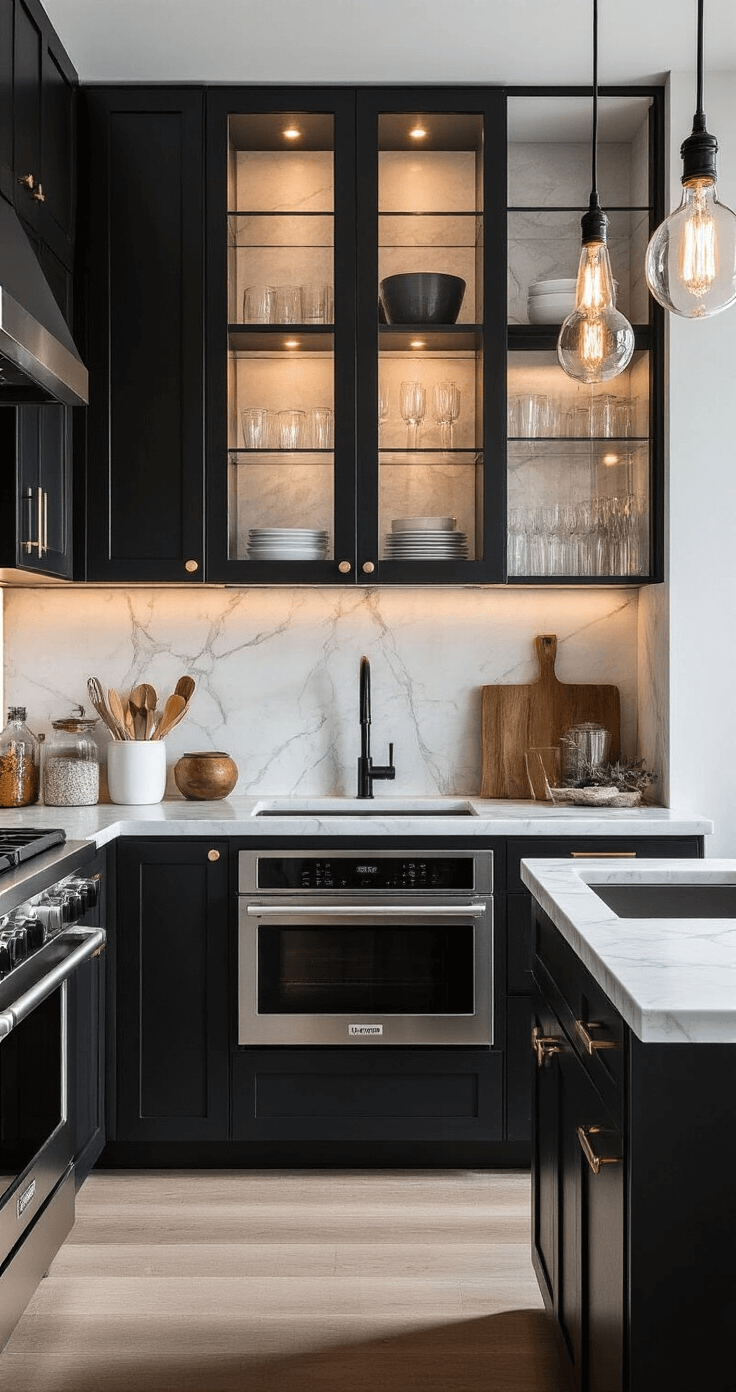 Urban single-wall kitchen featuring industrial-chic design with matte black cabinets, white marble backsplash, stainless steel appliances, glass-front upper cabinets, and pendant lights with exposed Edison bulbs, complemented by a fold-down cutting board in soft evening lighting.