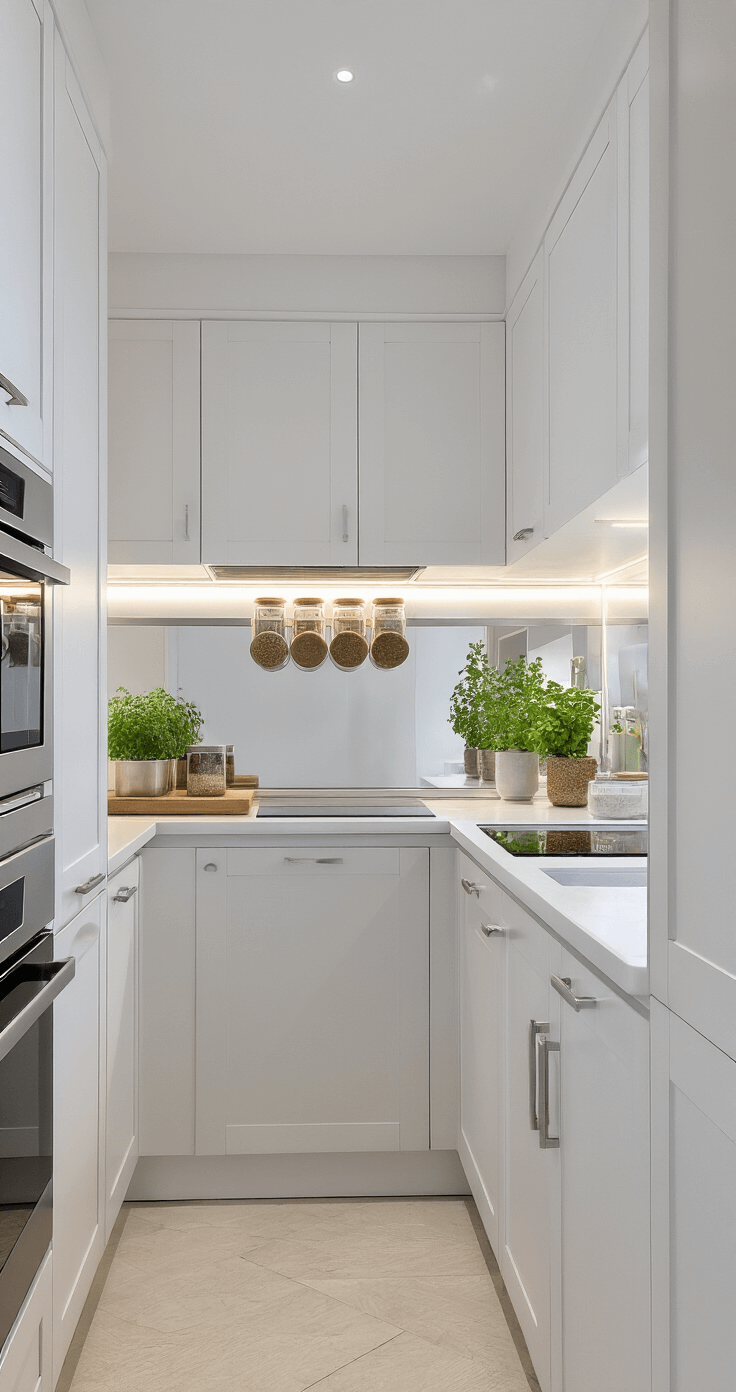 Bright white galley kitchen featuring ceiling-height dove gray cabinets, LED under-cabinet lighting, a mirrored backsplash, mounted spice containers, clear glass jars, a stainless steel single-burner induction cooktop, and minimal countertop styling with a potted herb.
