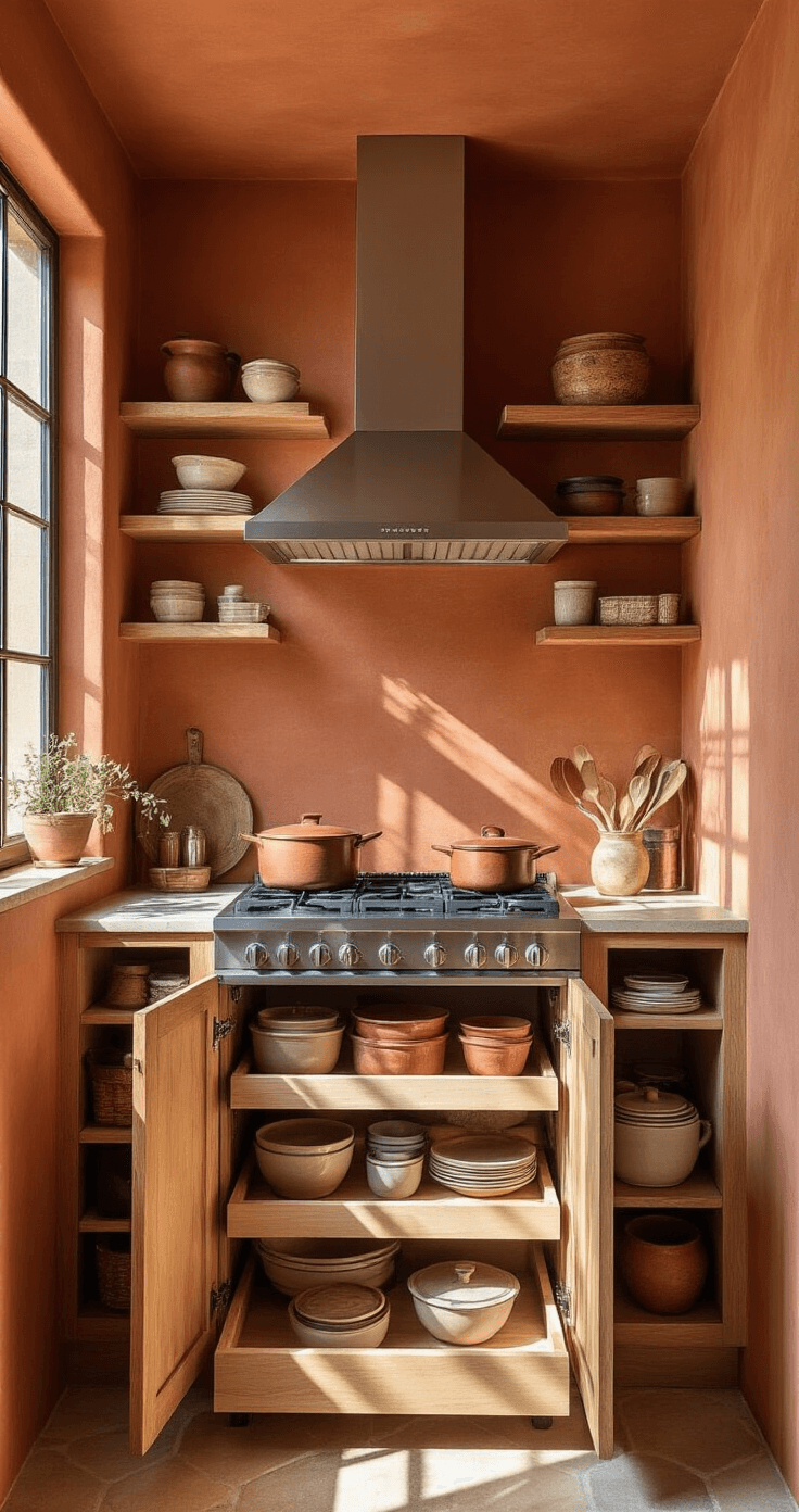 Compact kitchen featuring warm terracotta walls, open wooden shelving with earthenware and vintage copper cookware, a partially open pull-out pantry, compact stainless steel range with hood, under-cabinet lighting, and morning sunlight casting dramatic shadows.