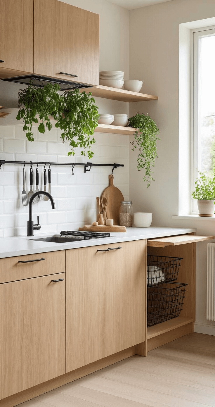 Scandinavian-inspired single-wall kitchen featuring light oak cabinetry, white quartz countertop, magnetic knife strip, hanging herb garden, under-shelf wire baskets, a fold-down wall table, and abundant natural light from a large window, highlighting a minimalist design with strategic storage solutions.