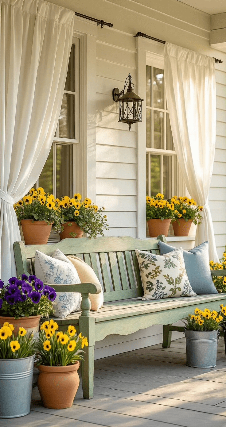 Ultra-detailed photorealistic spring porch scene at golden hour with a vintage wooden bench, ceramic planters filled with vibrant pansies, delicate white curtains, a galvanized bucket of daffodils, and geometric outdoor pillows, all captured in soft, diffused natural light.
