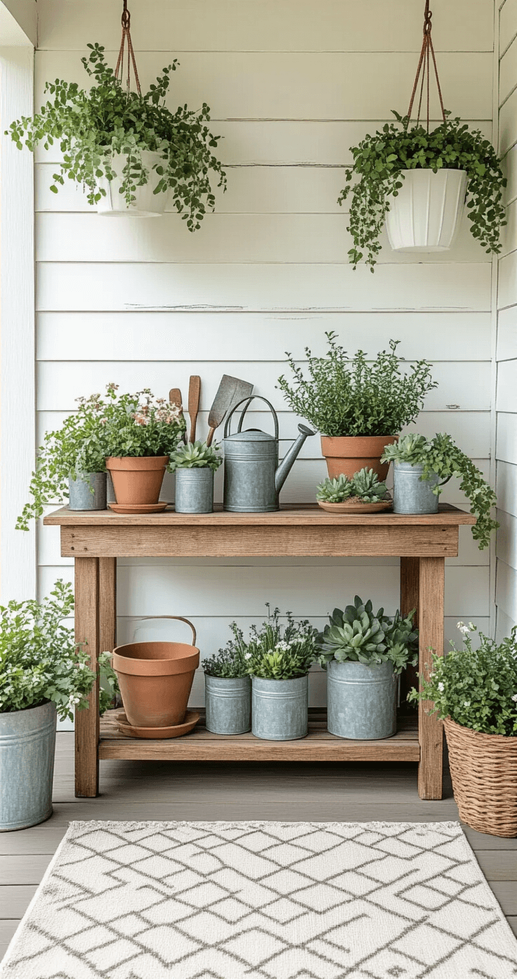 Rustic farmhouse porch featuring a wooden potting table against a distressed white wall, adorned with ceramic and galvanized metal planters overflowing with succulents and spring blooms, alongside a vintage watering can with eucalyptus, antique gardening tools, and a neutral outdoor rug, all bathed in soft morning light and styled with intentional asymmetry.