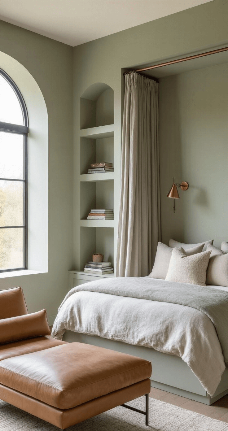 A contemporary bedroom with mid-tone sage green walls, featuring a raw plaster accent section and custom built-in shelving around a recessed bed nook. The space includes a minimal metal frame canopy bed with sheer light gray draping, a caramel leather chaise lounge by a large arched window, a small side table with books, and off-white brushed linen bedding layered with textured cushions. An articulated brass reading lamp is mounted above the bed, with soft morning light casting gentle shadows and highlighting the room's architectural lines and neutral palette.