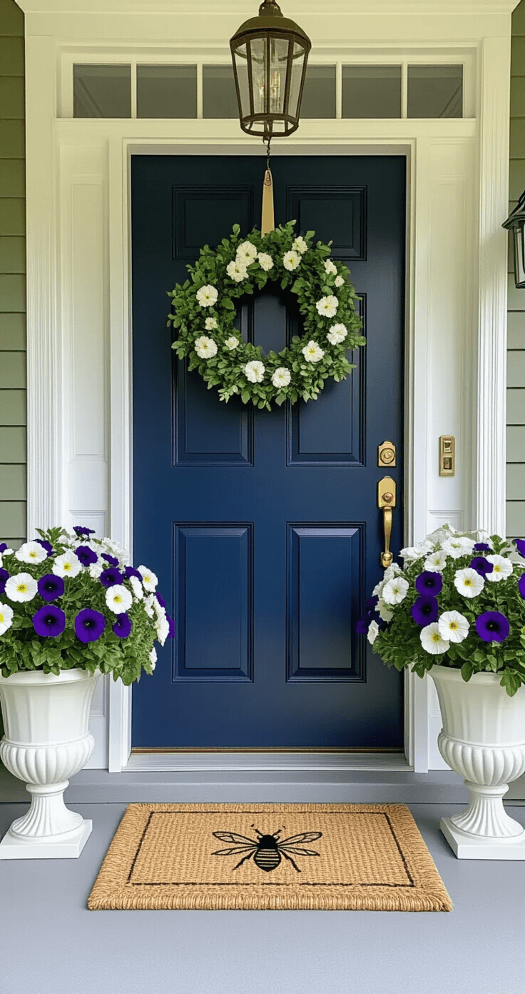 Elegant porch entry featuring a navy blue front door flanked by symmetrical urn planters, adorned with petunia and viola arrangements in white ceramic containers, a manicured spring wreath, polished brass hardware, and a natural fiber doormat, all set against soft sage green walls in crisp morning light.